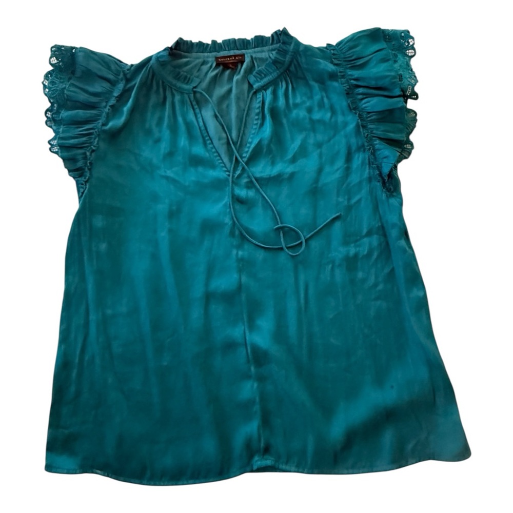 Current Air LA Teal Ruffle Lace Trim Flutter Sleeve V-Neck Blouse Top S